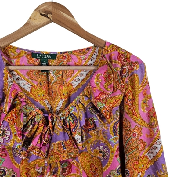Lauren Ralph Lauren Paisley Ruffle Neck Blouse Womens Sz Large Cotton Casual - Picture 7 of 12